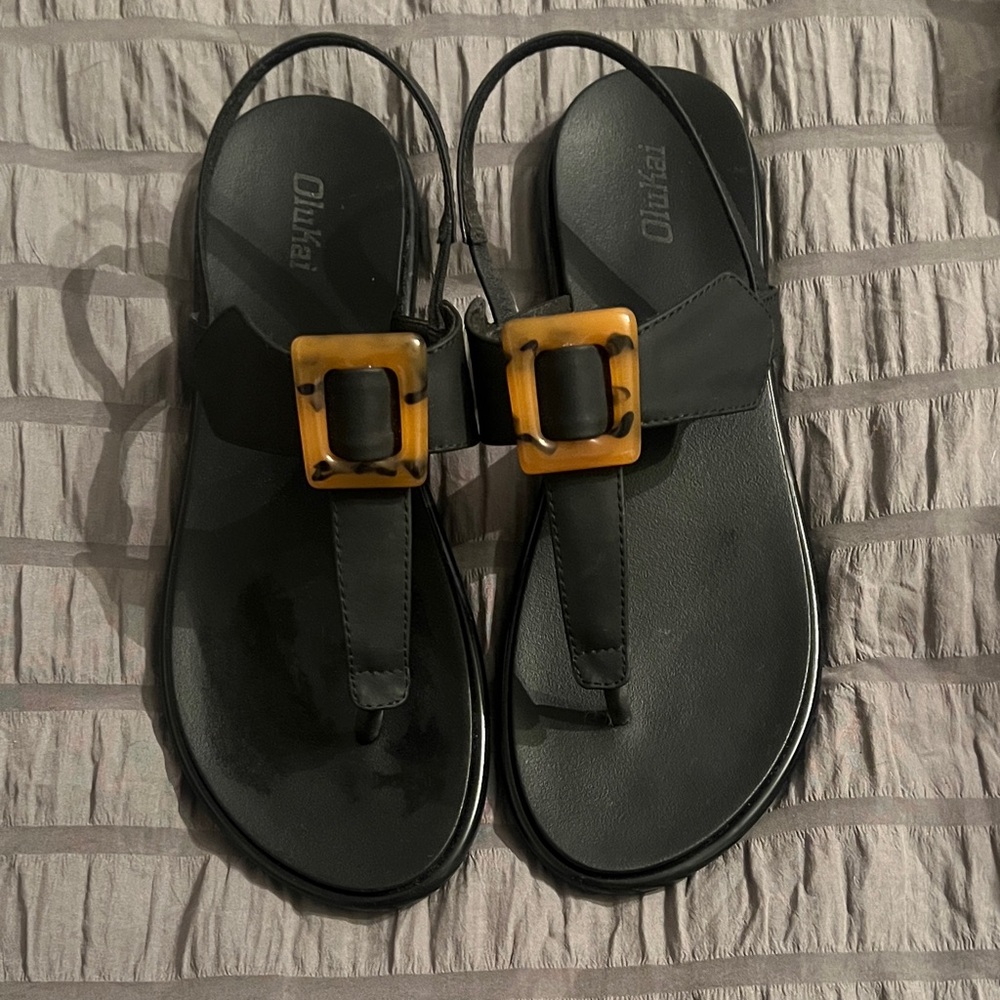 OluKai Black Sandals with Amber Buckle
